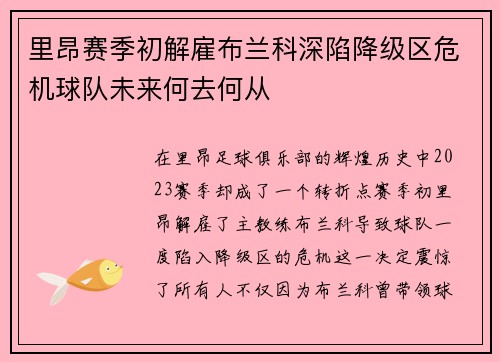 里昂赛季初解雇布兰科深陷降级区危机球队未来何去何从 里昂赛季初解雇布兰科深陷降级区危机球队未来何去何从