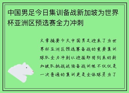 中国男足今日集训备战新加坡为世界杯亚洲区预选赛全力冲刺